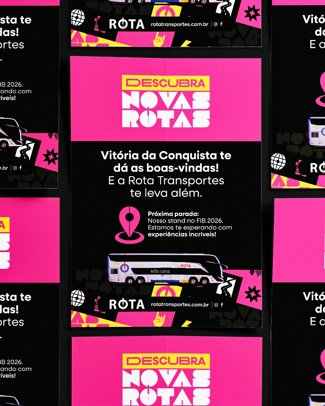 Comunicação visual da campanha com tipografia rosa e amarela